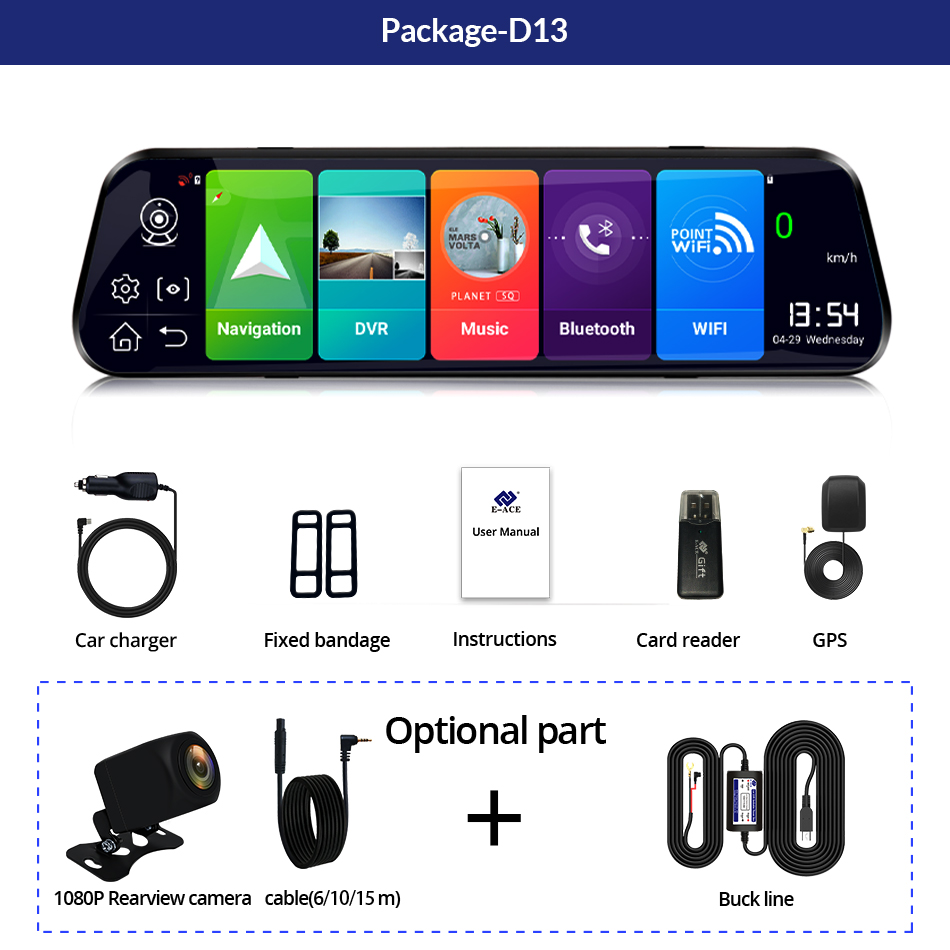 EACE D13 Car Dvr 4G Android ADAS 10 Inch Rear View Mirror 1080P Dash Cam Video Recorder GPS